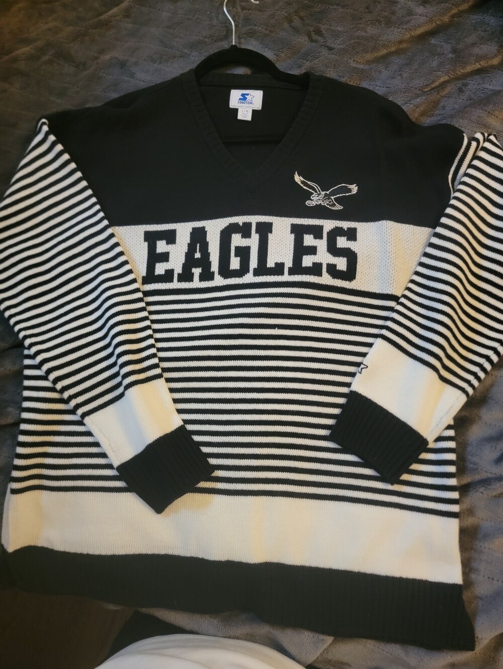 EAGLES Black & White Striped V-Neck Sweater